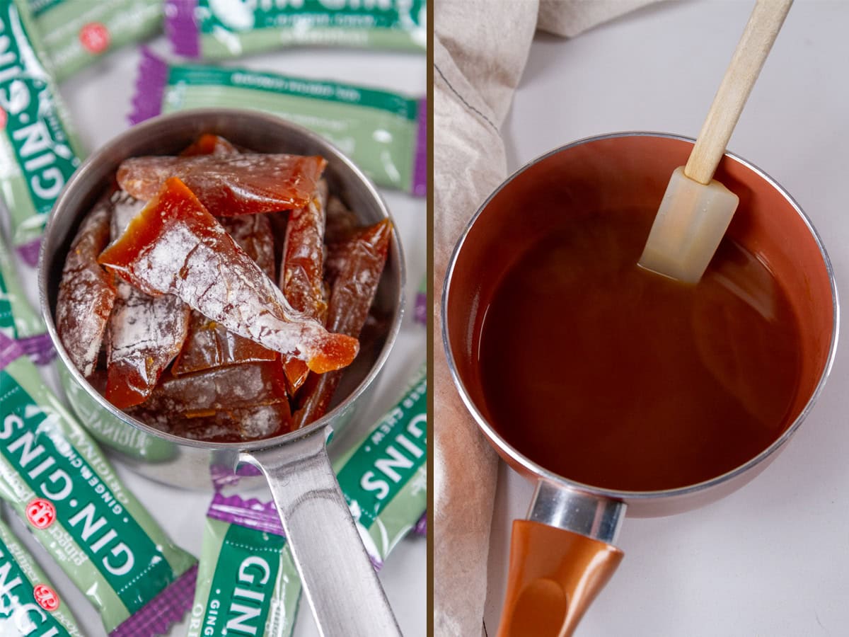 Ginger chews candies wrapped and unwrapped ones in a measuring cup on left and a syrup made from the candies on right.