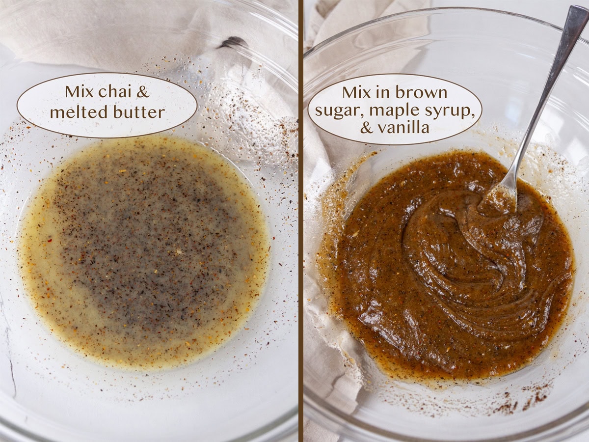 melted butter with tea on left and mixed with sugars on right.