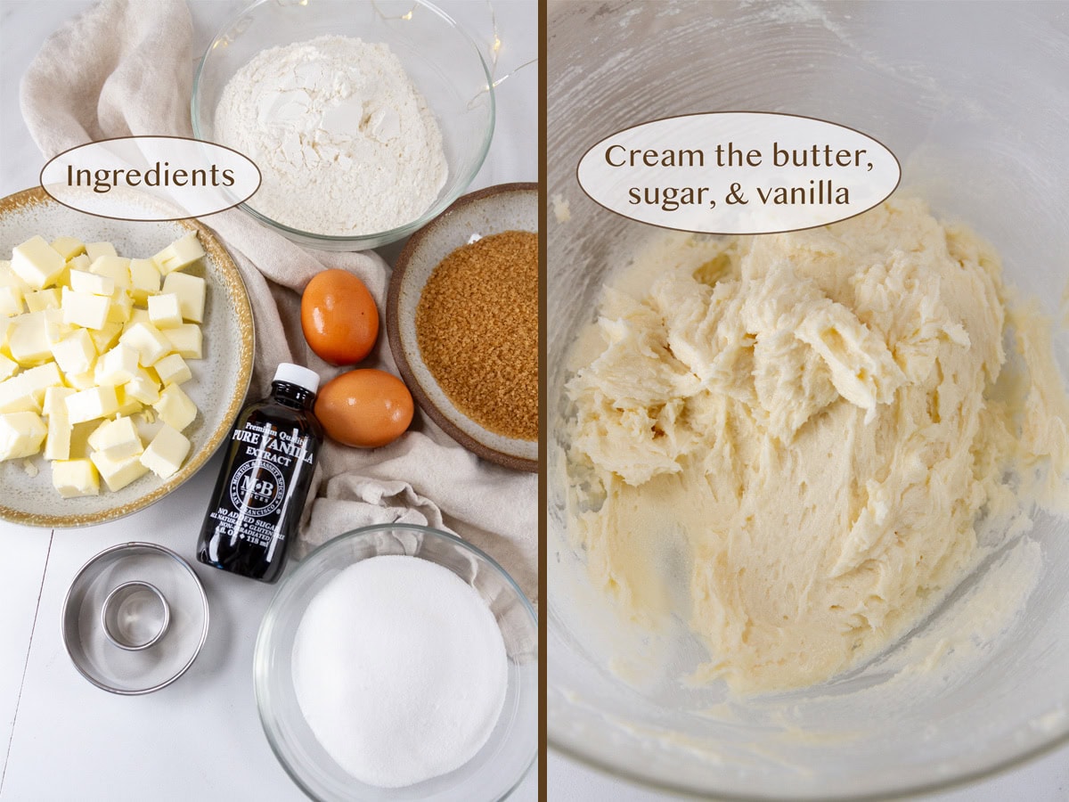 ingredients on left and creamed butter and sugar on right.