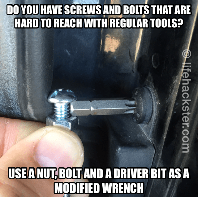 Using a nut, bolt and driver bit as a modified wrench Life Hackster