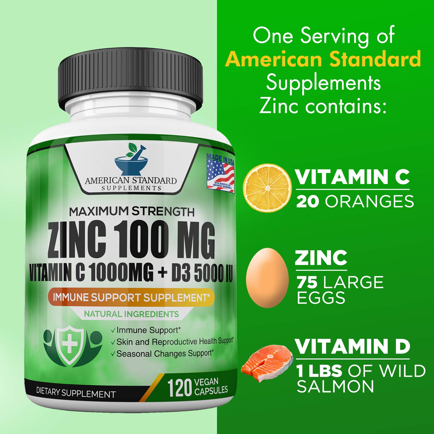 Zinc 100mg, Vitamin C 1000mg, Vitamin D 5000IU per Serving, Immune Support for Adults Kids