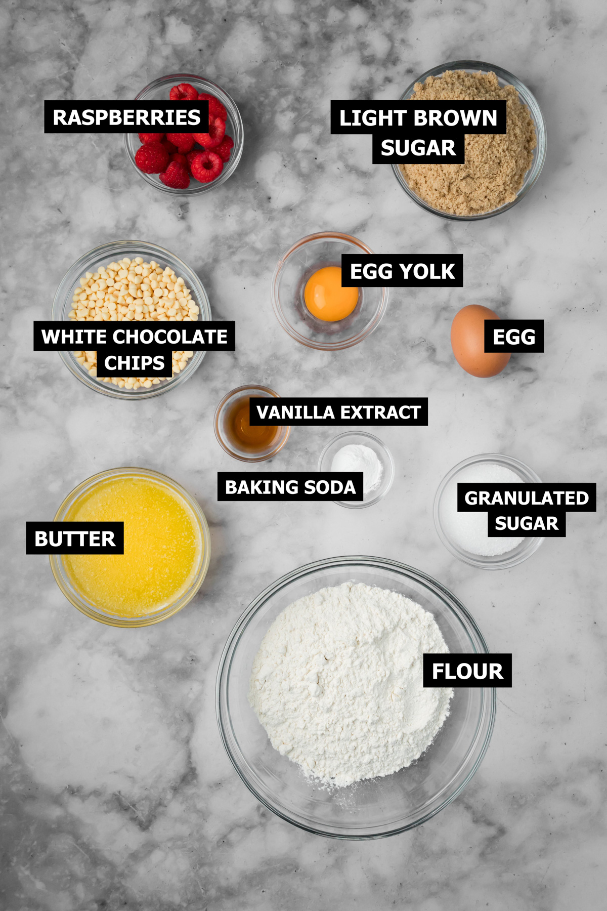 Ingredients for raspberry white chocolate cookies.