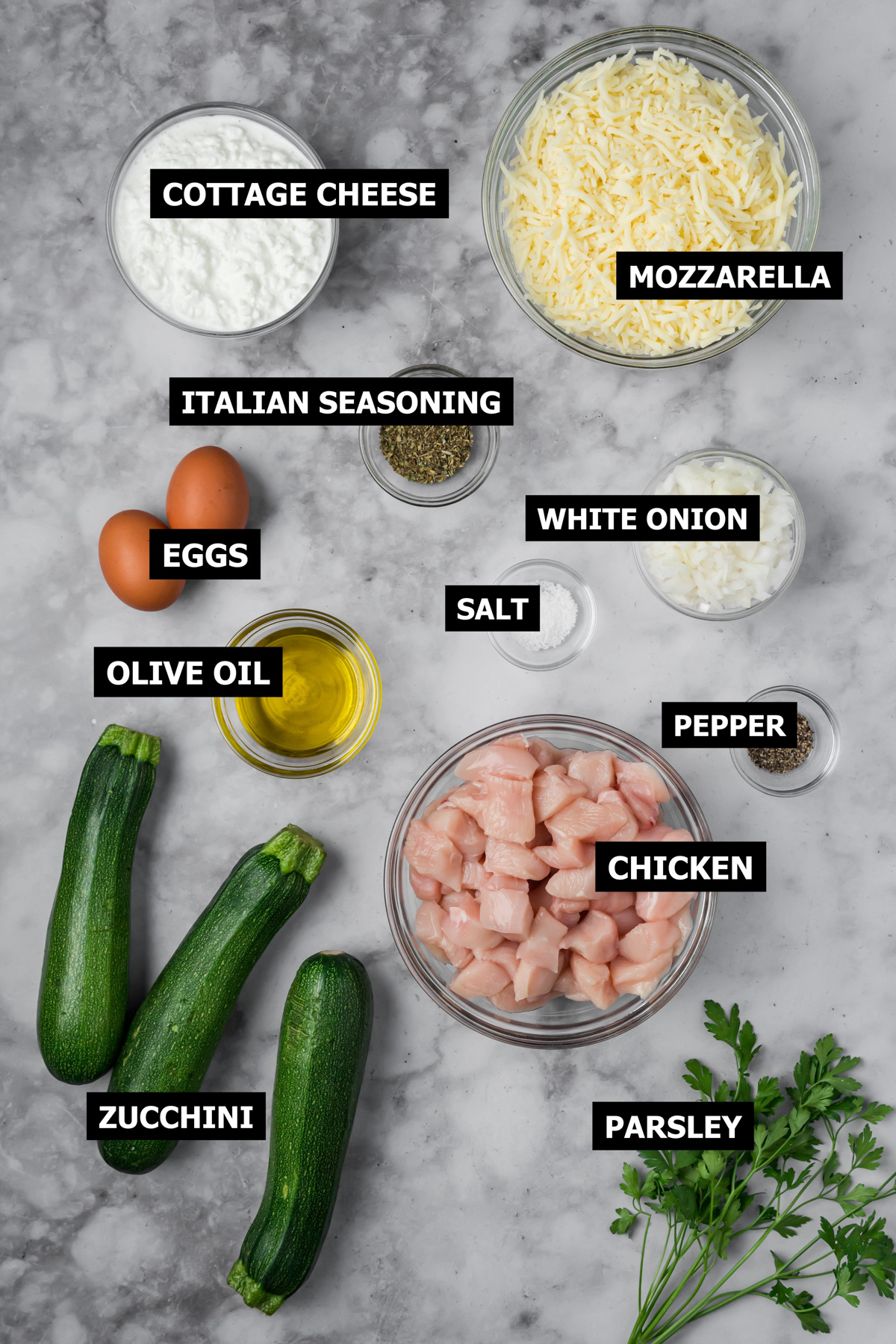 Ingredients for chicken zucchini bake.