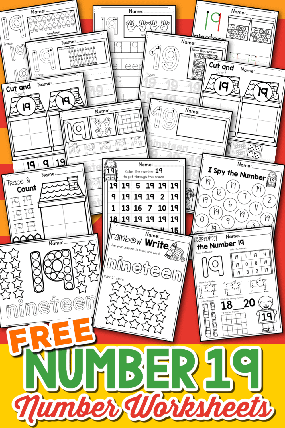 Free Printable Number 19 Worksheets for Tracing and Number Recognition