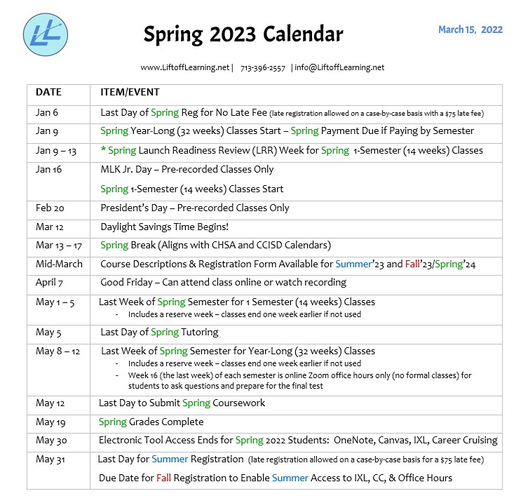 el camino spring 2023 schedule Calendar Liftoff Learning