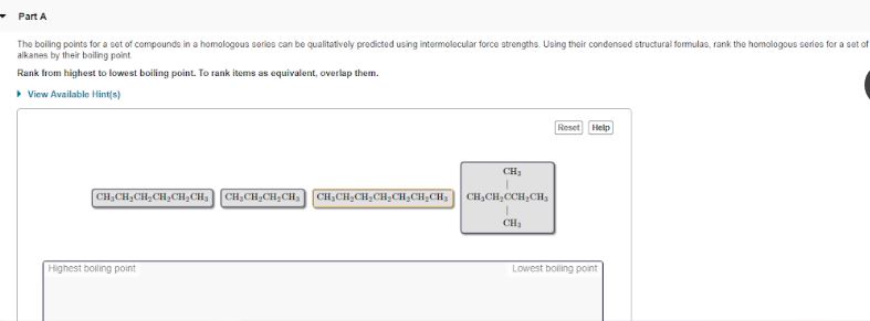 The boiling points for a set of compounds in a homologous se