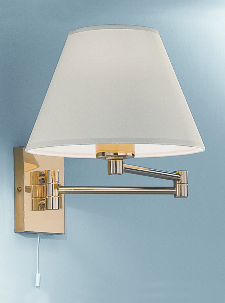 WB128/9004 Single swing arm wall bracket, polished brass with a cream