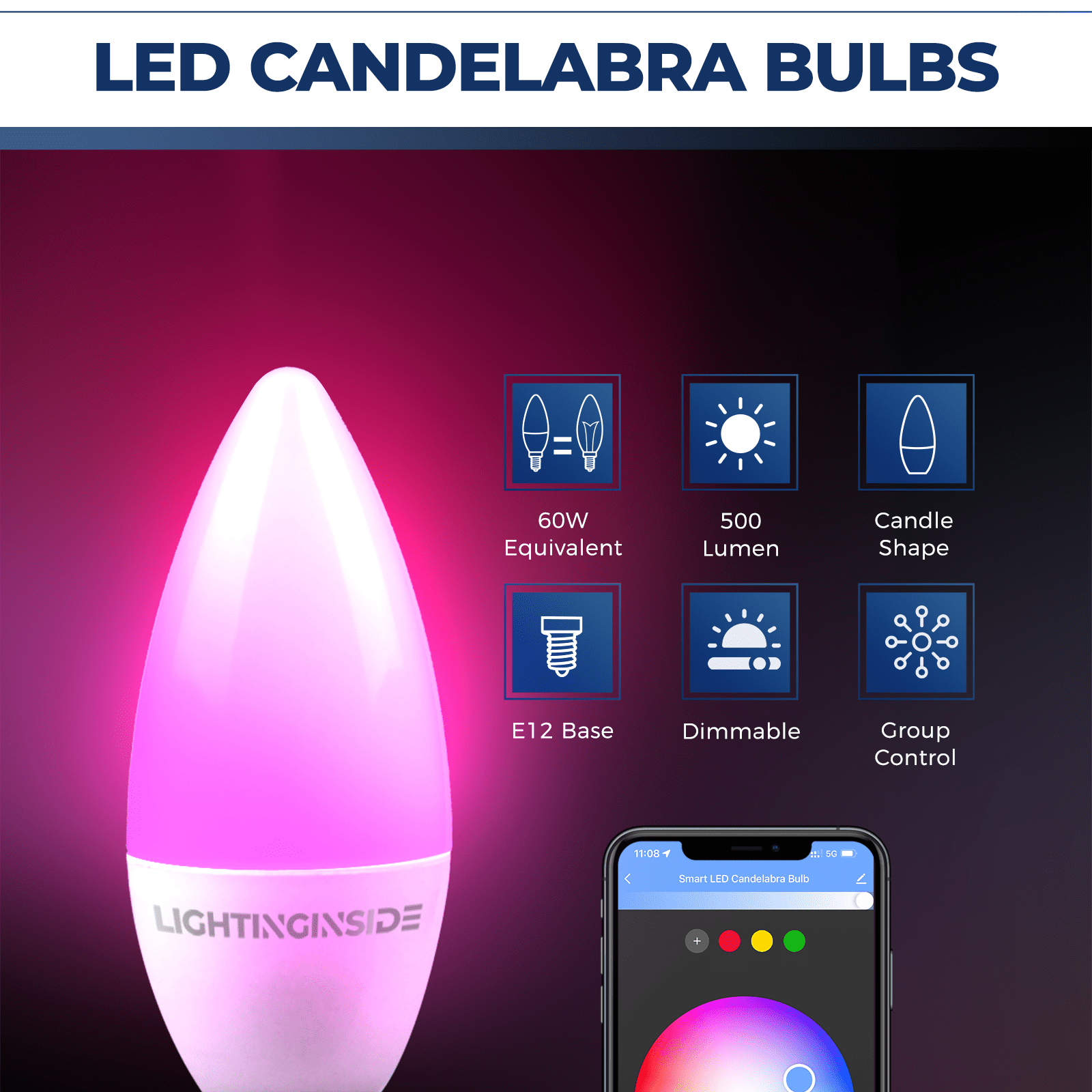 Smart Candelabra LED Bulbs, 60 Watt Equivalent, 6W 500lm, WiFi E12 LED