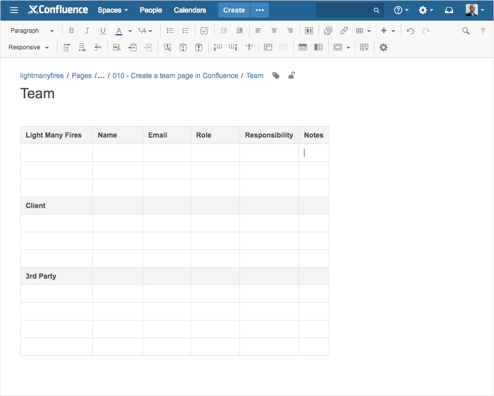 Create a team page in Confluence Light Many Fires