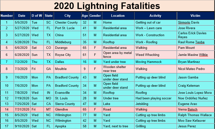 2020 Lightning Deaths National Lightning Safety Council