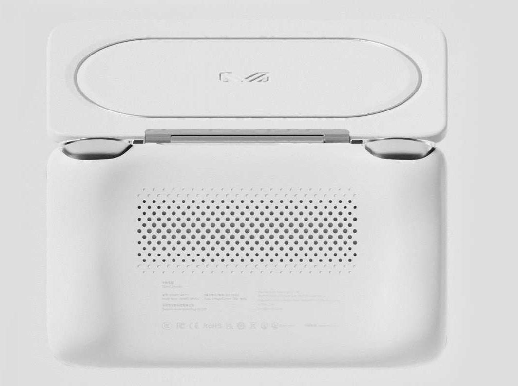 AYA Neo Flip handheld gaming PC with clamshell design and thumb