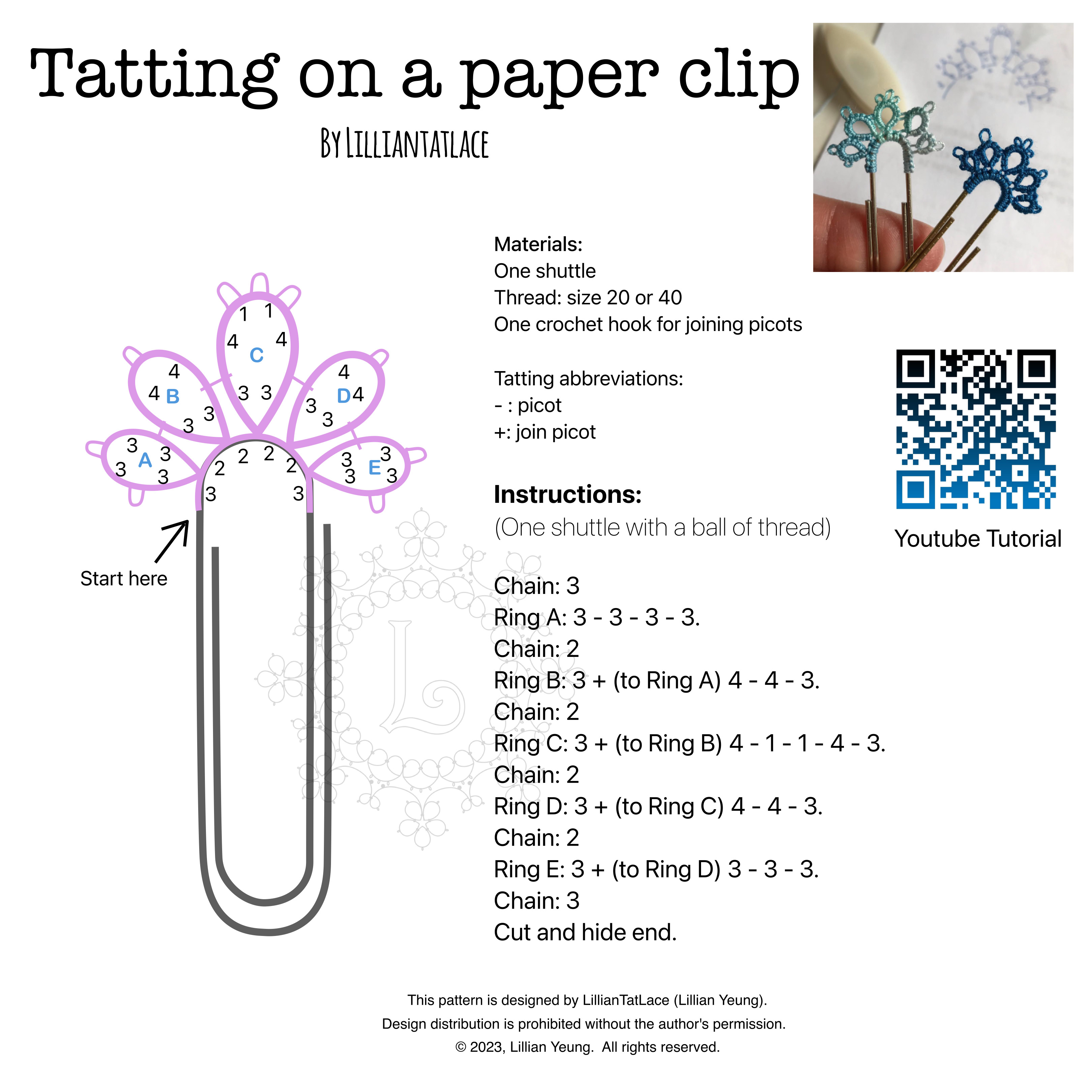 Tatting on a paperclip (free pattern) Lilliantatlace