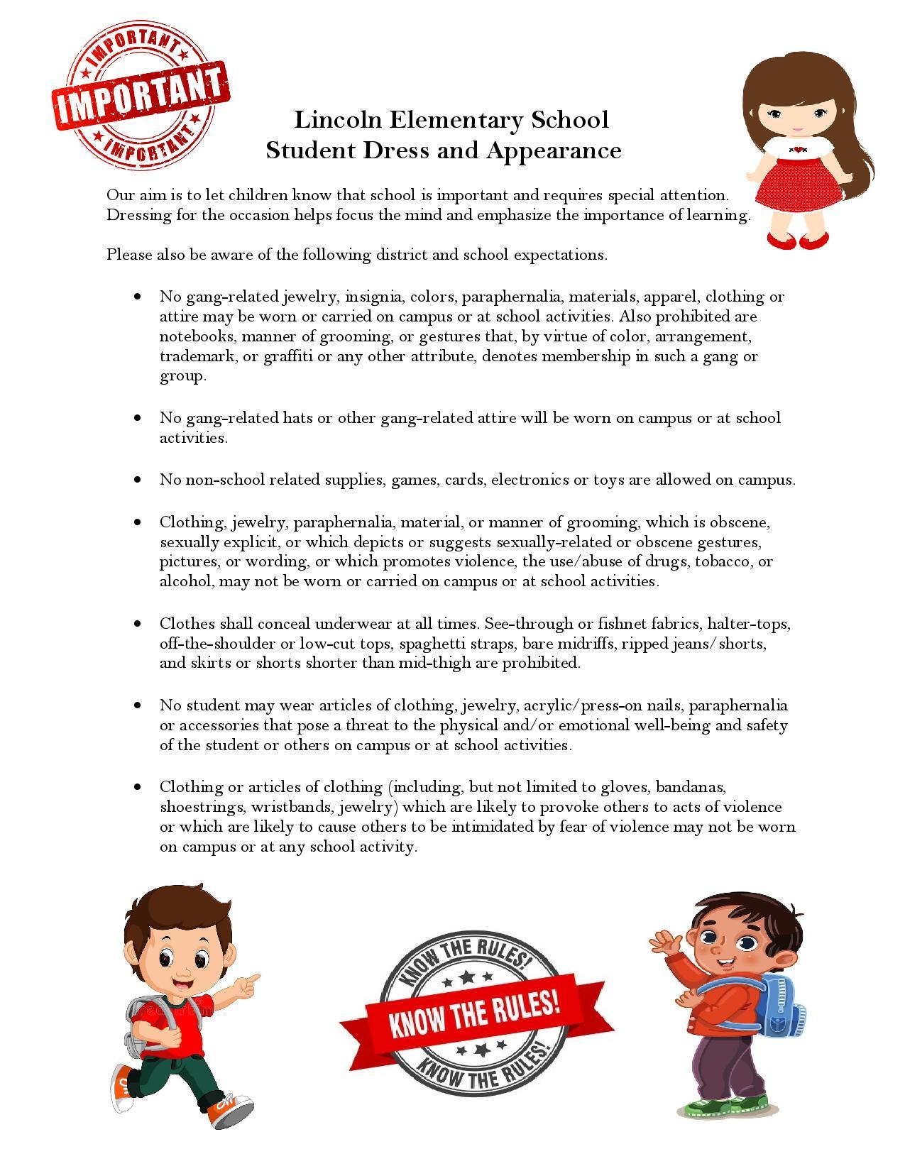 Lincoln Dress Code Policy Lincoln Elementary School