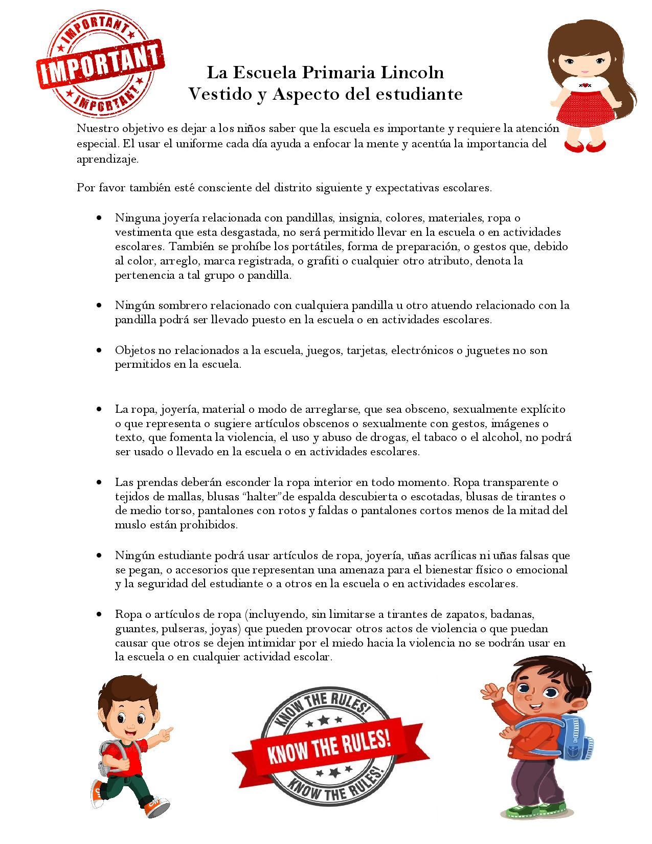 Lincoln Dress Code Policy Lincoln Elementary School