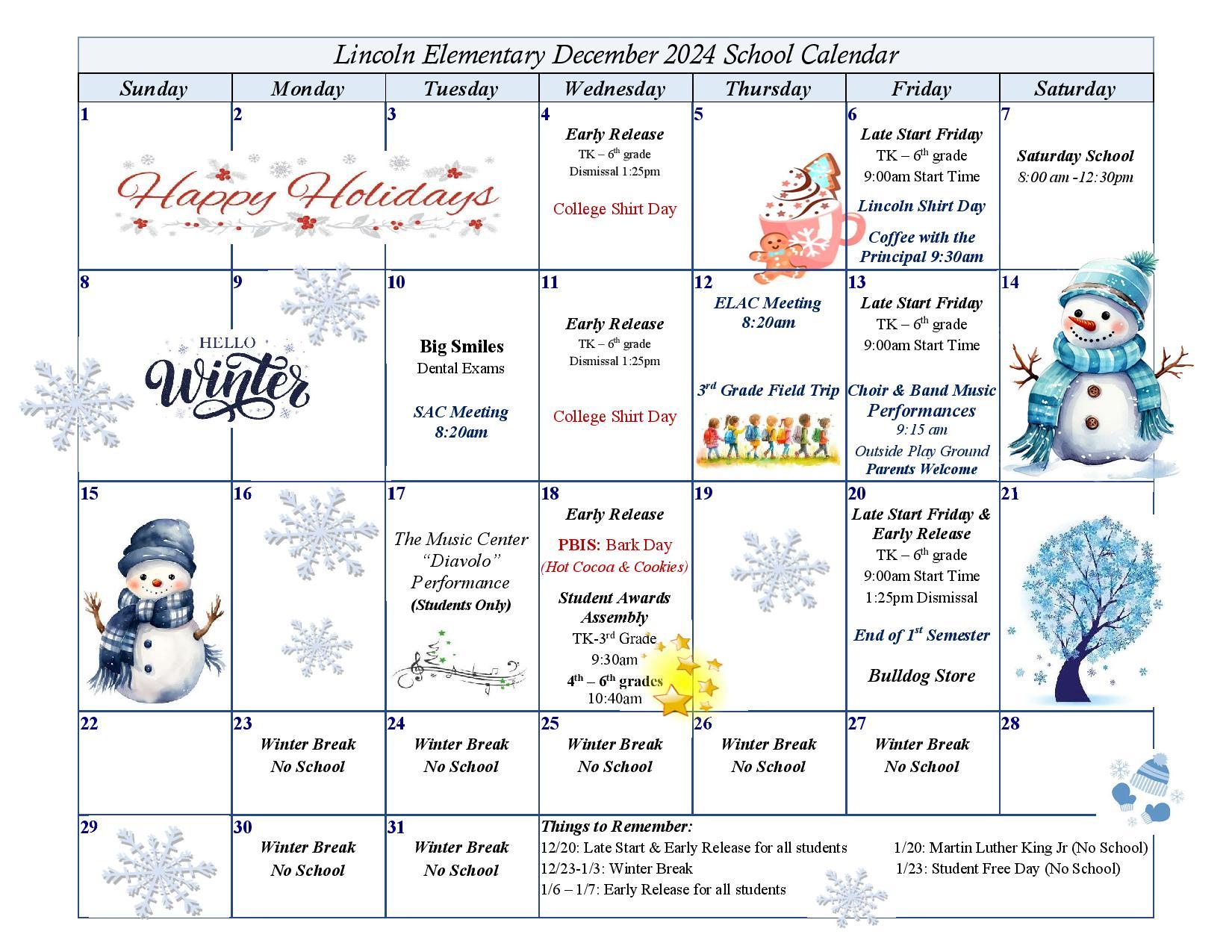December 2024 Lincoln Elementary Calendar Lincoln Elementary School