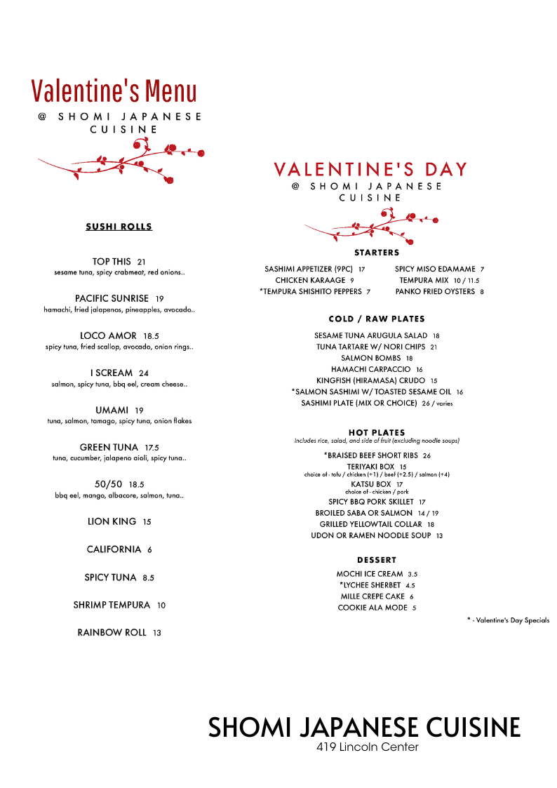 Valentine’s Day Restaurant Specials Lincoln Center Shops