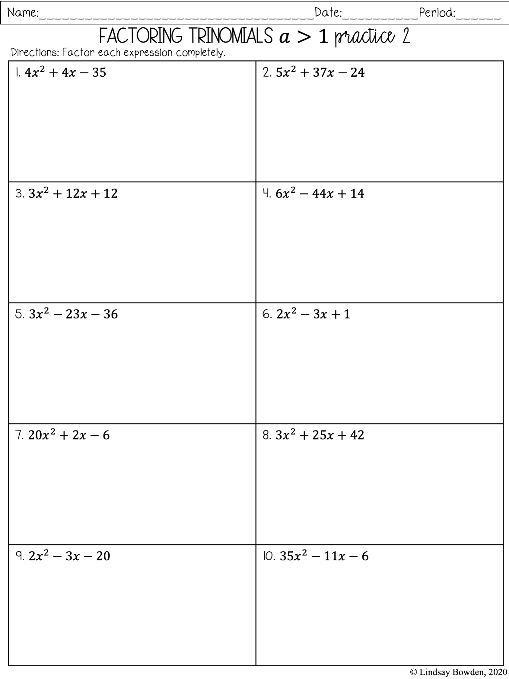 Factoring When A Is Not 1 Worksheet