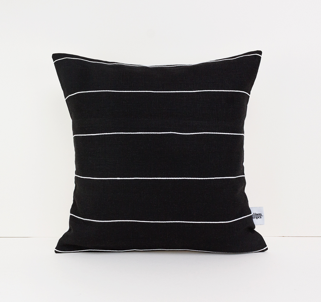 Black Linen Pillow Cover with White Cotton Stripes Linen and Stripes