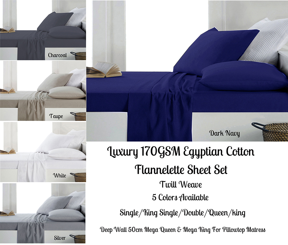 175GSM Luxury Egyptian Cotton Flannel / Flannelette Sheet Set All Bed