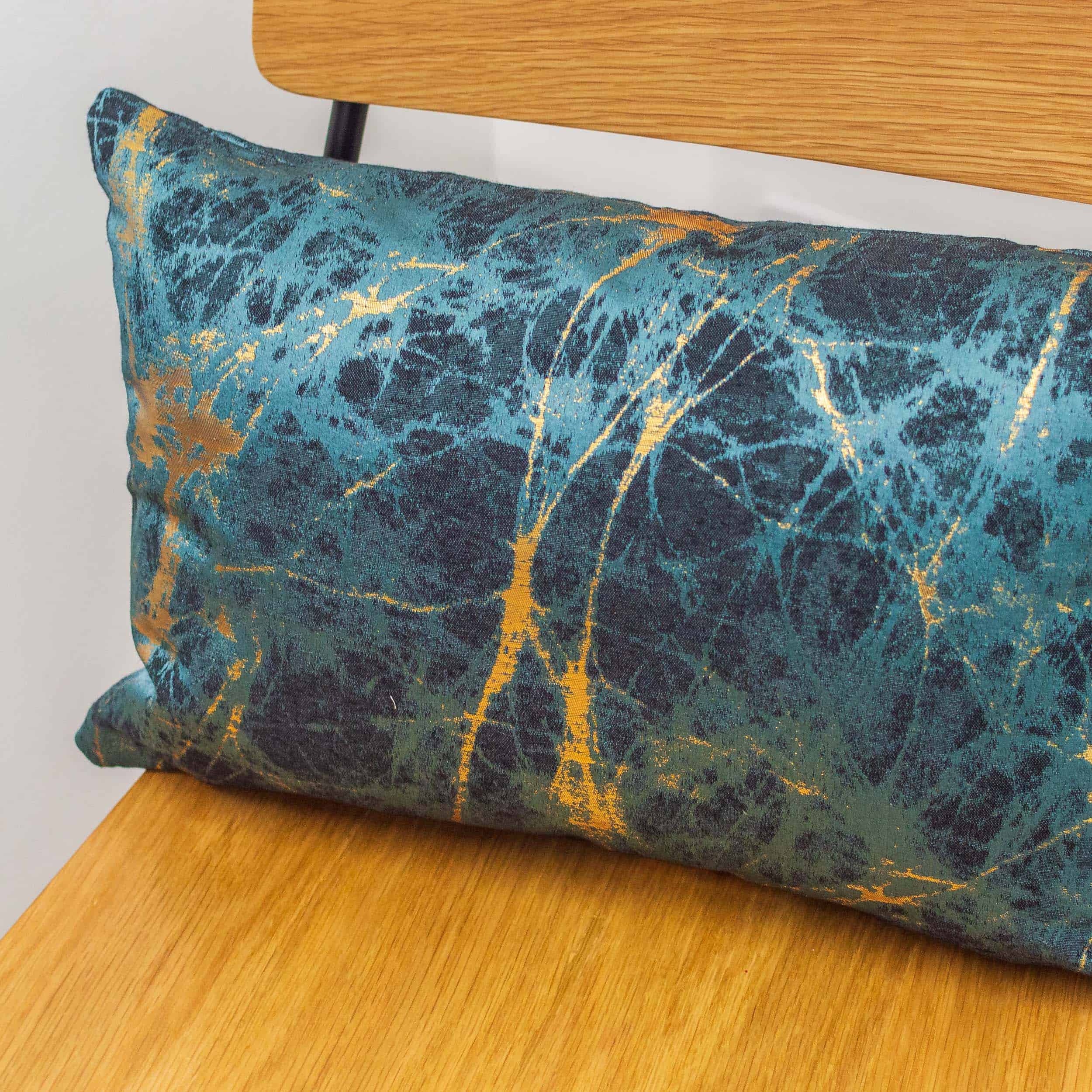 Metallic Marble Boudoir Cushion in Teal and Gold Linen Loft