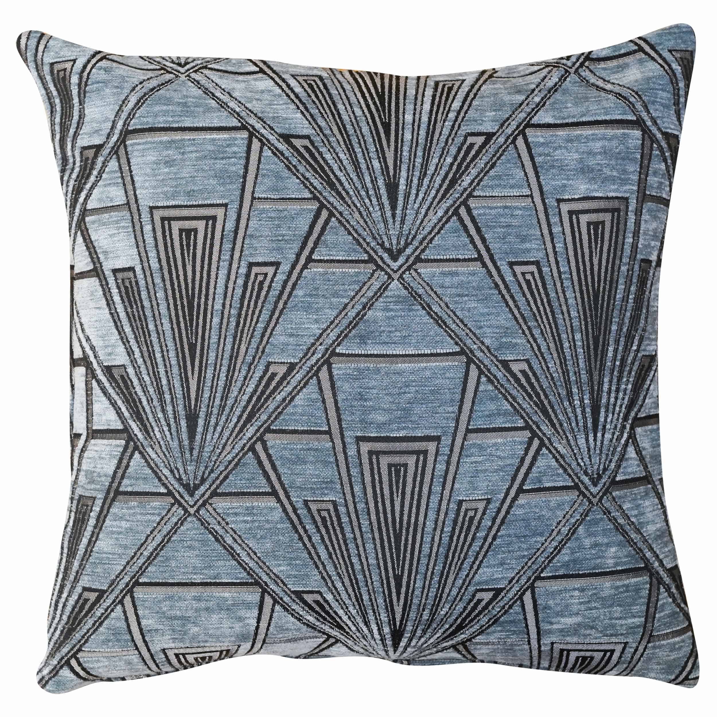 Art Deco Geometric Velvet Chenille Cushion in Steel Blue Linen Loft