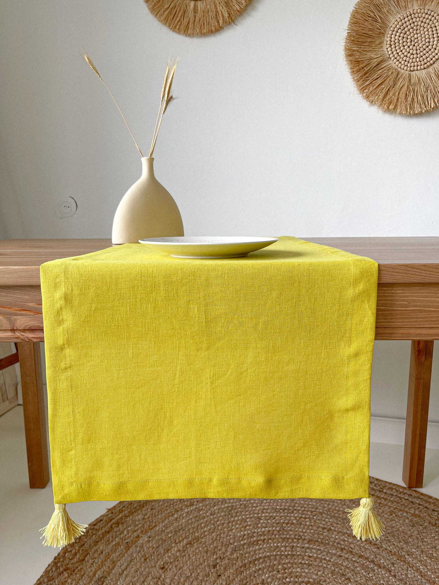Yellow Linen Table Runner with Tassels LinenNotes Linen Notes