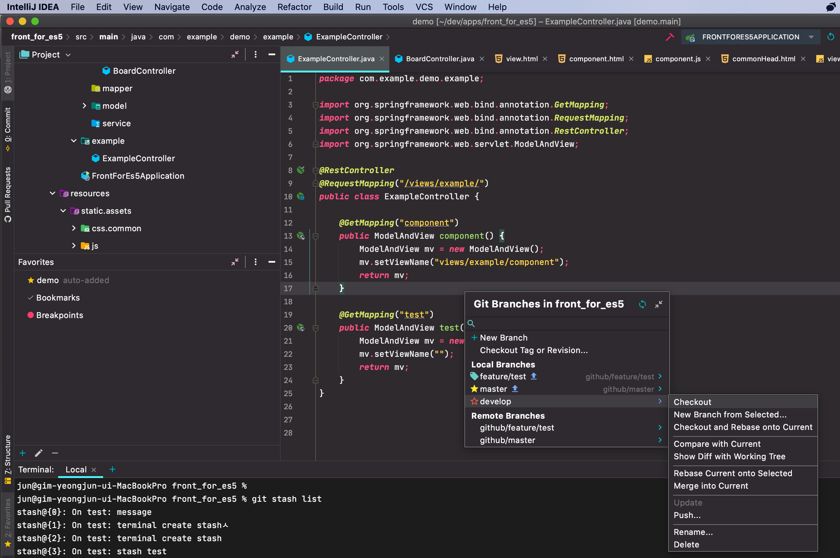 [IntelliJ] Git 사용 add, commit, push, branch, checkout, stash, reset