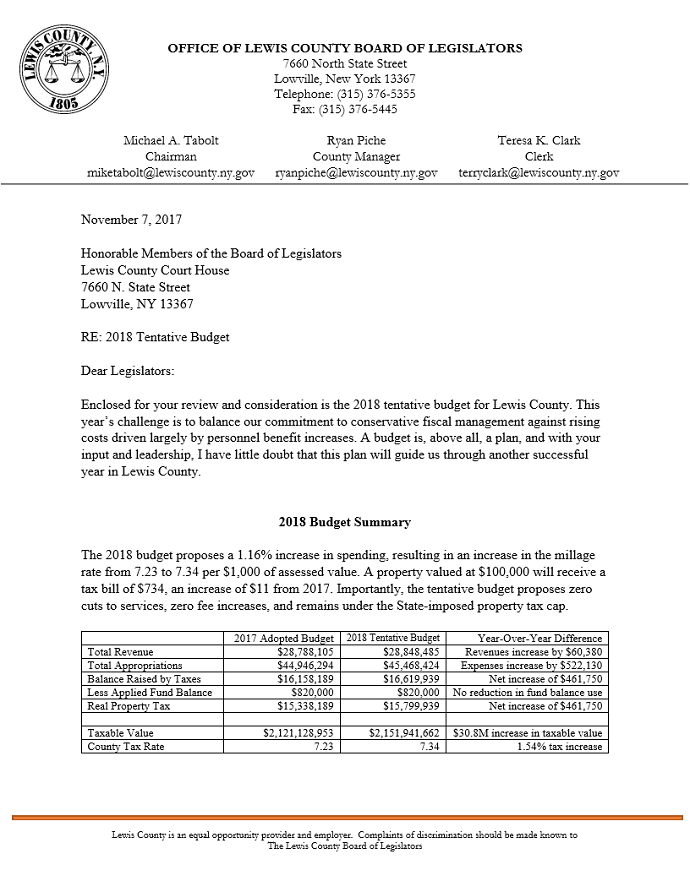Lewis County Unveils 2018 Tentative Budget for Public Review