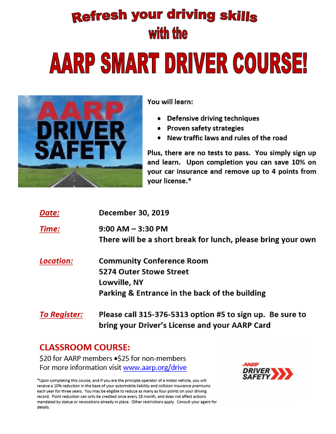 AARP Smart Driver Course Scheduled for December 30 in Lowville