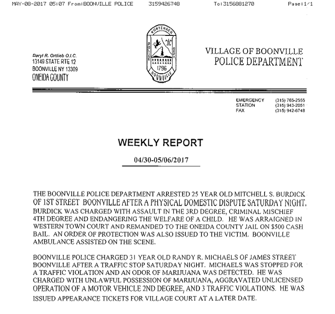 Boonville Police Weekly Activity Report April 30 May 06