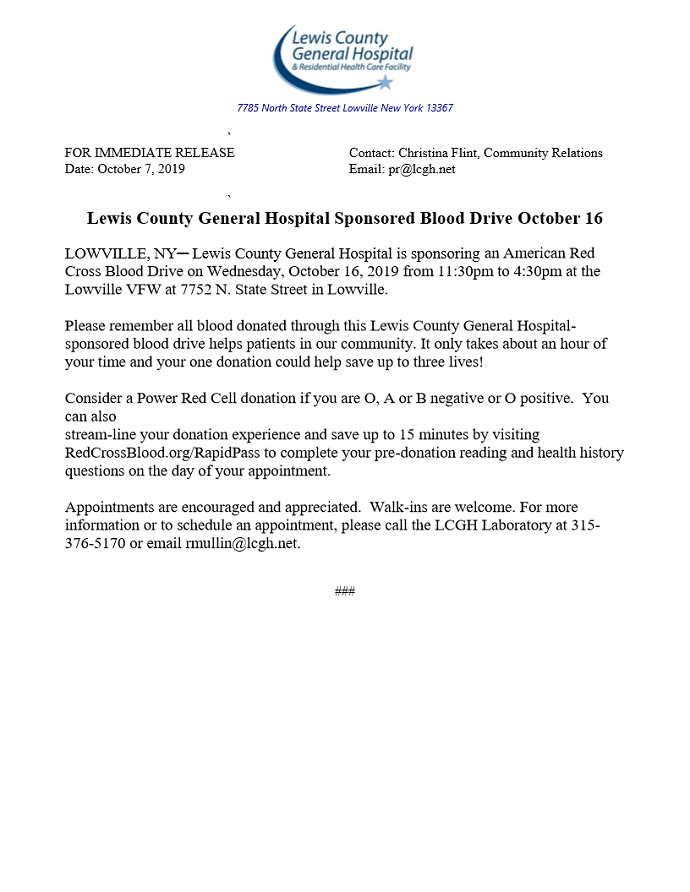 LCGH Sponsoring Blood Drive October 16 at Lowville VFW