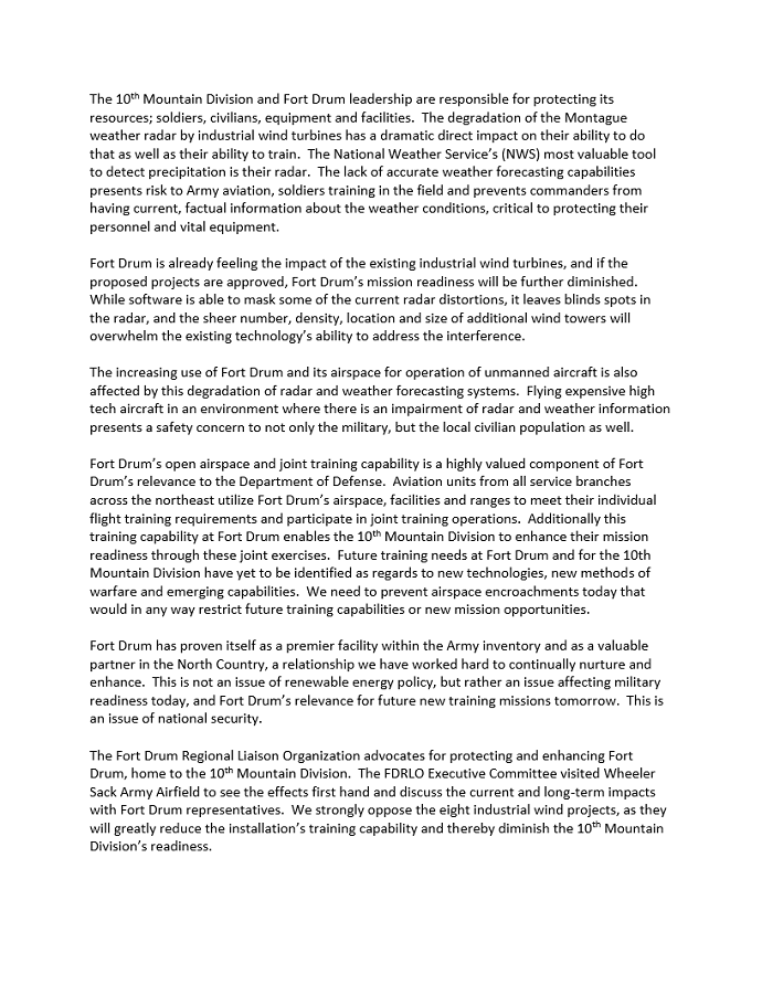 Fort Drum Regional Liaison Organization Issues Letter to NYS Article 10