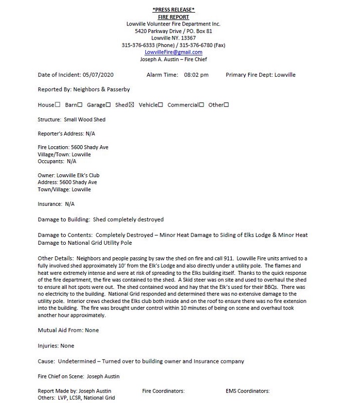 Shed Behind Lowville Elks Lodge Destroyed by Thursday Evening Fire