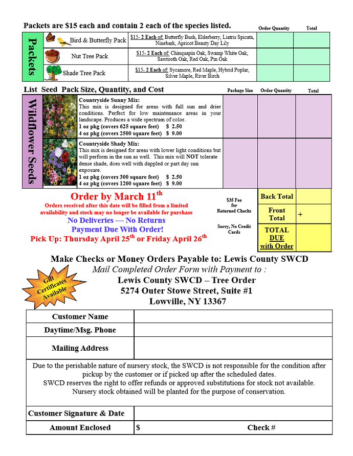 Orders Due by March 11 for Lewis County Soil & Water Conservation