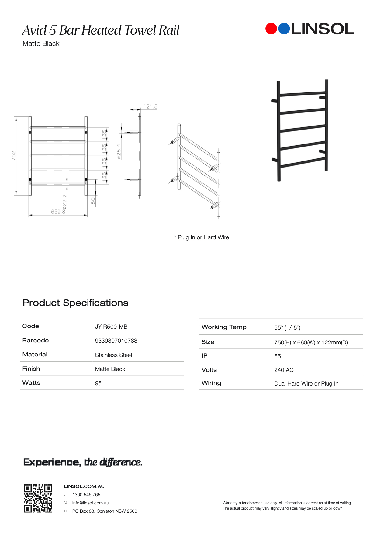 Avid 5 Bar Heated Towel Rail Matte Black LINSOL