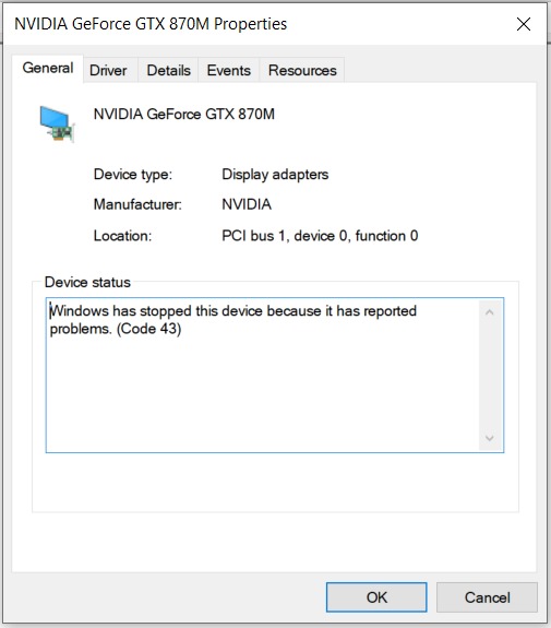 Error code 43 and Nvidia drivers fail to install. Did my GPU die