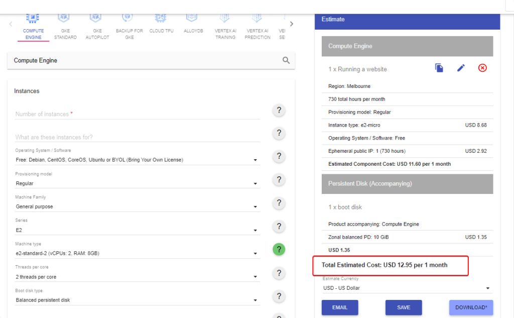 How much does google cloud cost per month? Use its Calculator