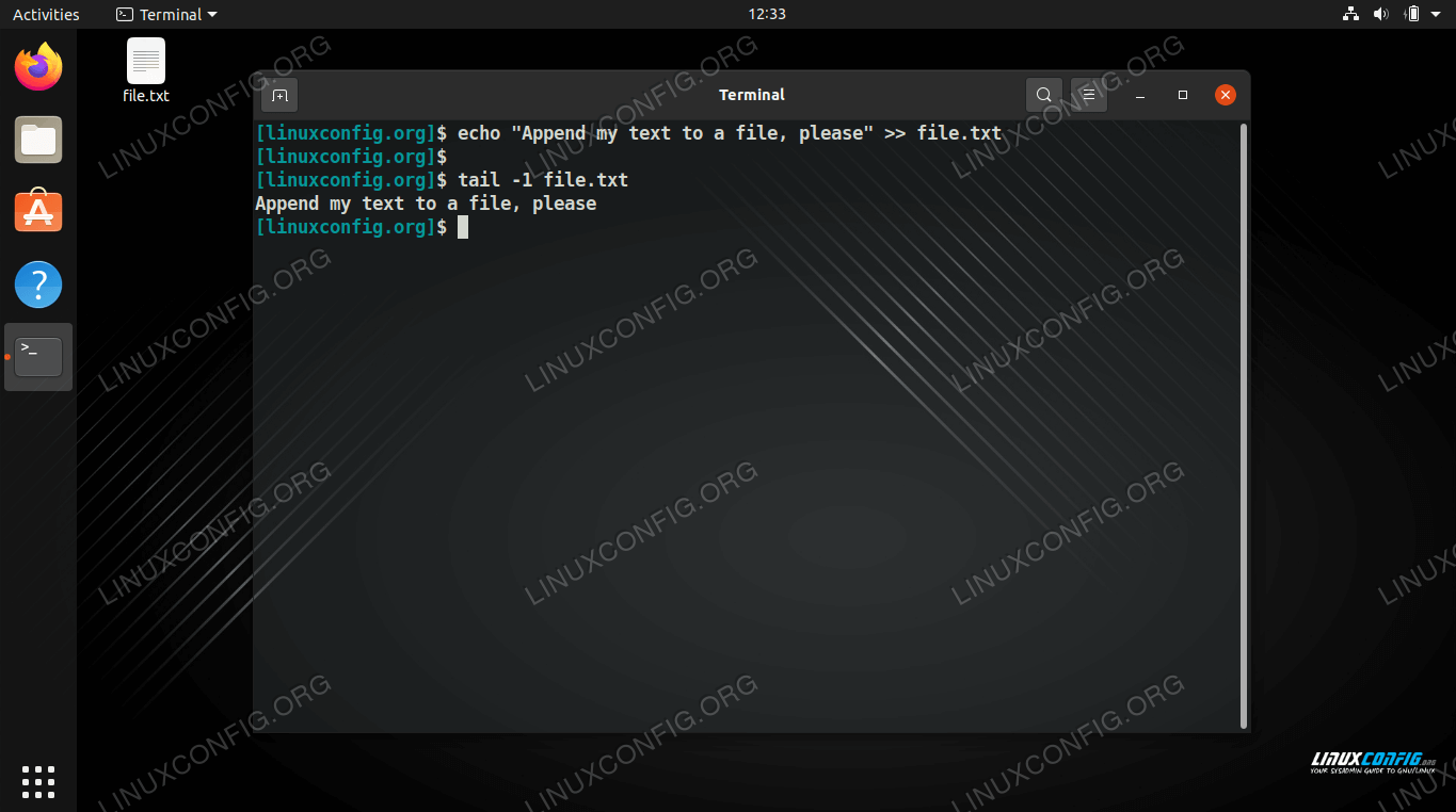 How to append to file on bash shell command line