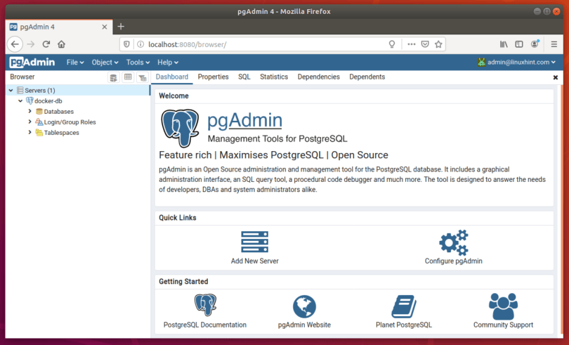 Set up a PostgreSQL server and pgAdmin with Docker Linux Hint