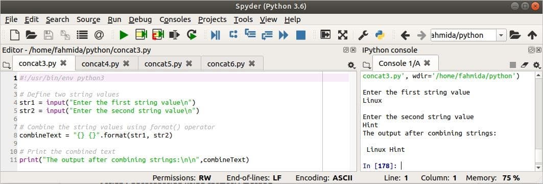 Python String Concatenation Linux Hint