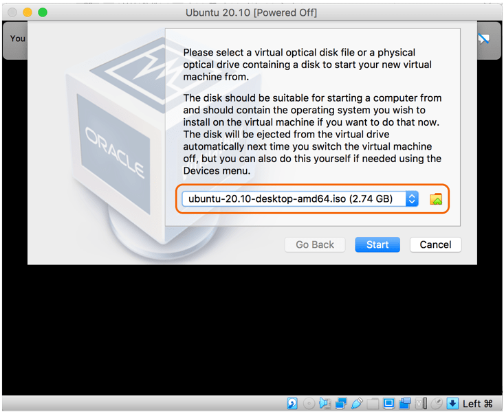 How do I select my startup disk in VirtualBox?