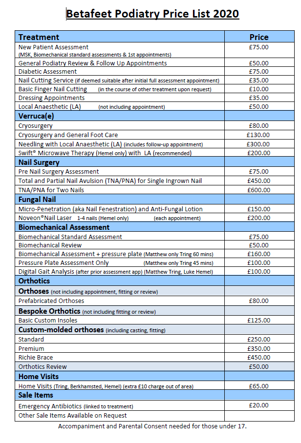 Podiatry price list Betafeet Podiatry