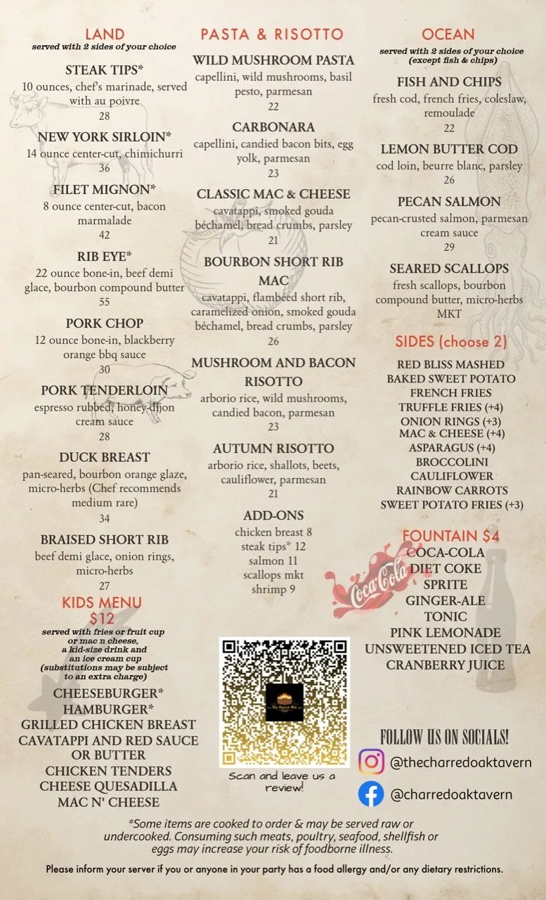 Menu Middleboro, MA The Charred Oak Tavern