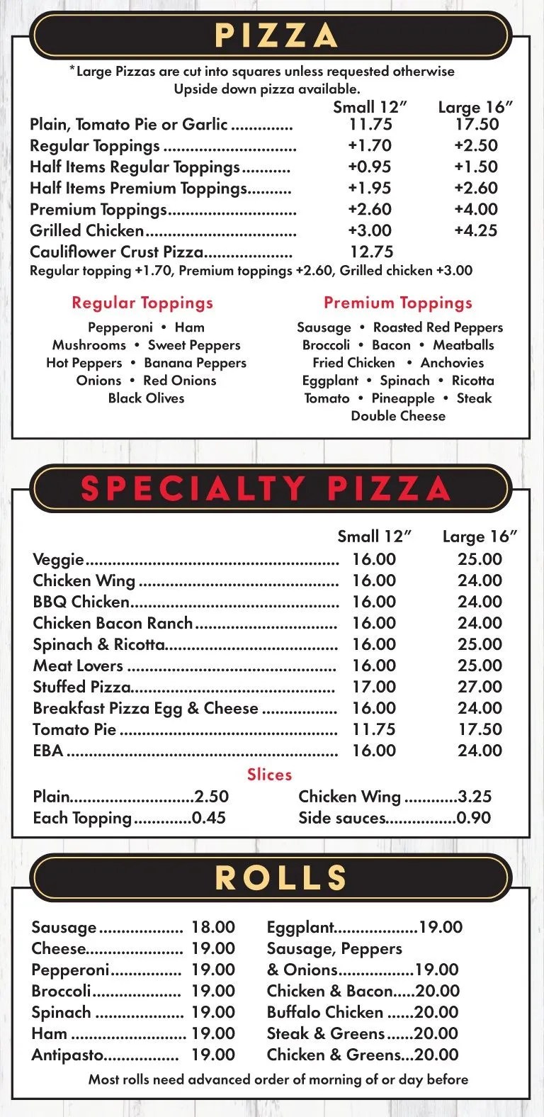Menu Tony' Pizza Clinton, NY