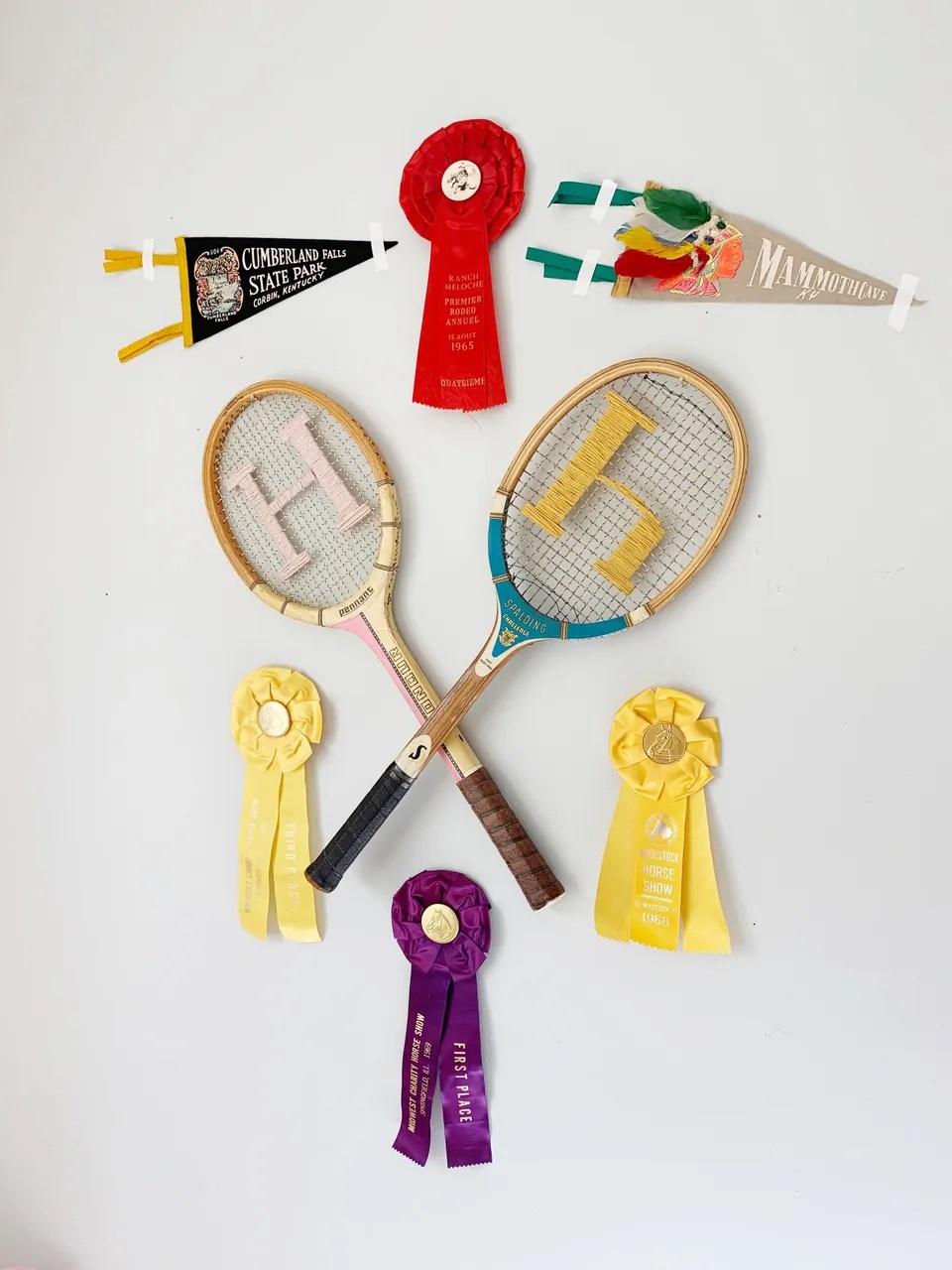 Vintage Wood Tennis Racket Cross Stitch Wall Decor