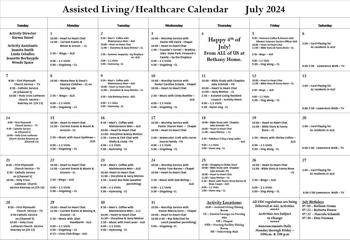 Activity Calendar Minden, NE Bethany Home