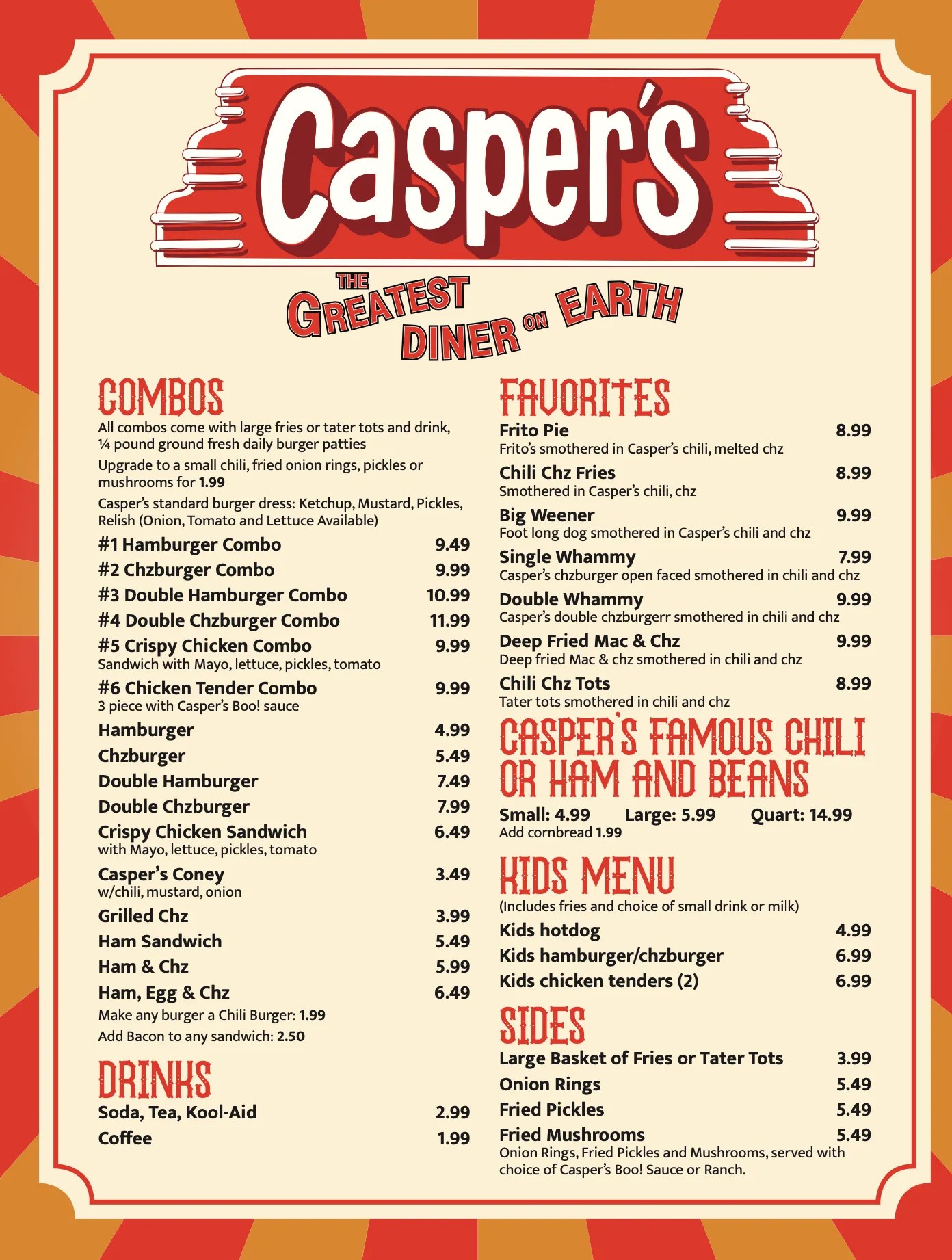 Casper's Diner Menu