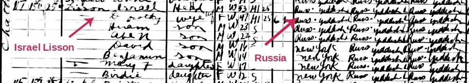 Example of 1910 census record entry for Israel Lisson