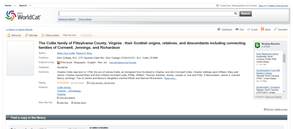 Family history book entry on WorldCat