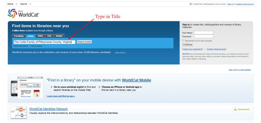 Screenshot of search box in WorldCat